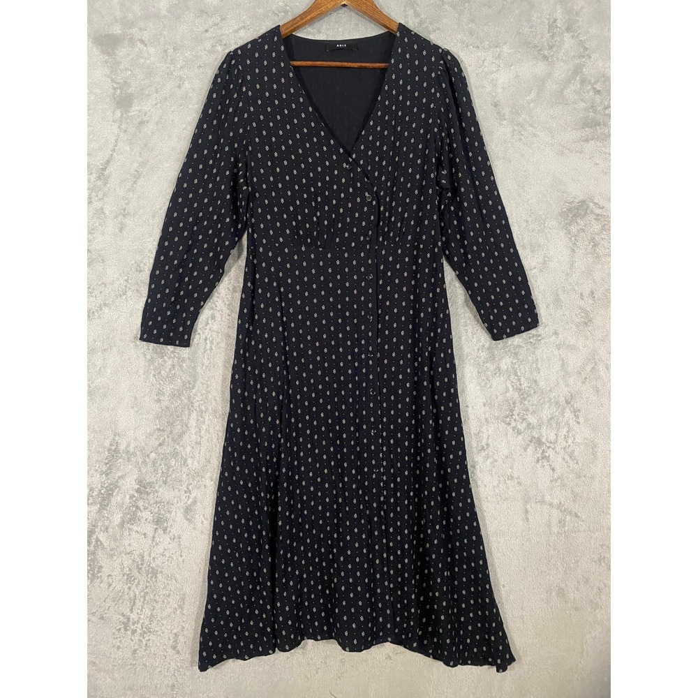 ABLE Dress Women XL‎ Black Geometric Print Button Front Long Sleeve Boho Pockets